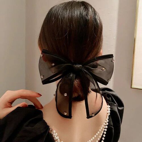 New Mesh Bow Hairpin Simple Back Head Rhinestone Spring Clip