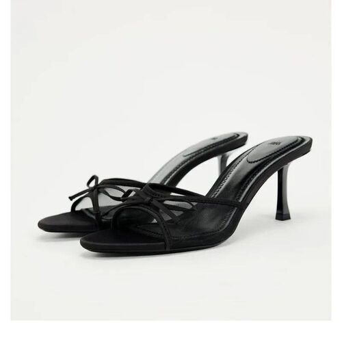 Women Heels Sandals Fashion Heel Slippers Lace Mesh Bow