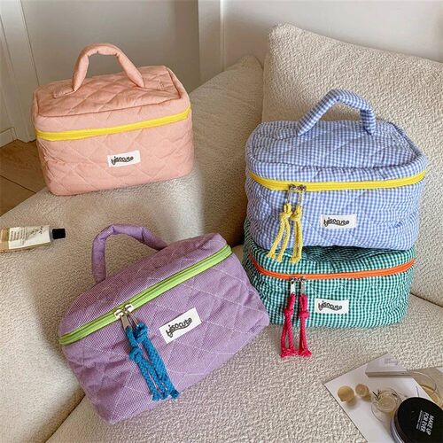 Plaid Cosmetic Bag Set Simple Style Large Capacity Portable
