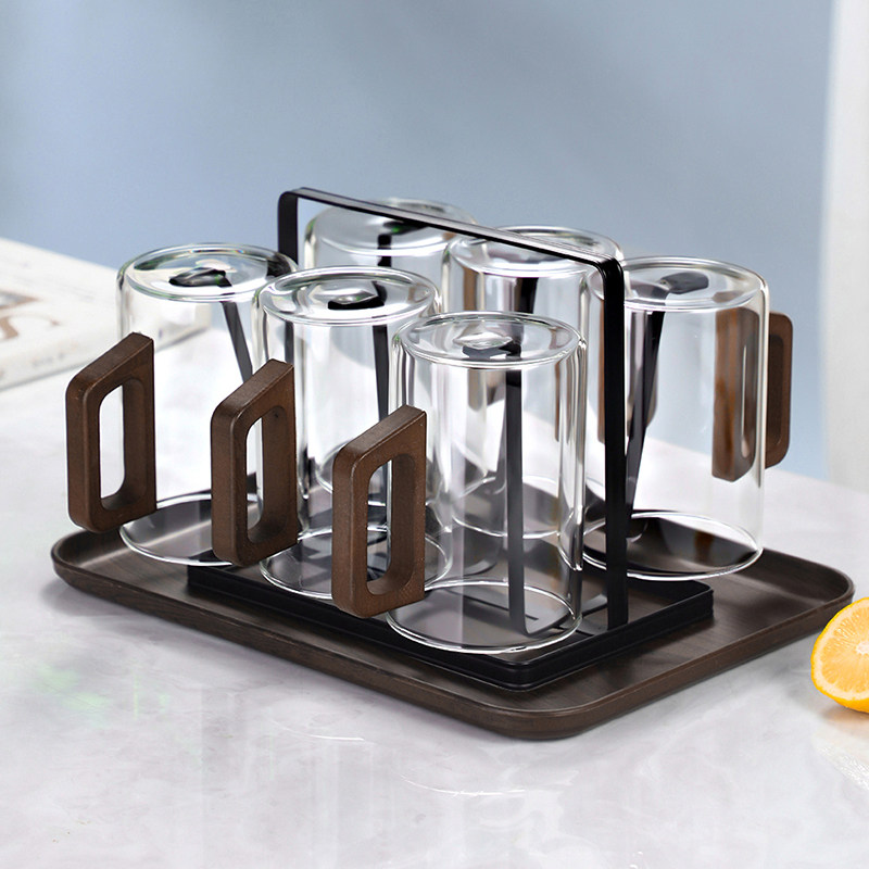 透明玻璃水杯套装带木质托盘茶杯咖啡杯家用玻璃杯杯架茶具套装