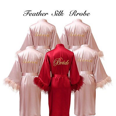 2021 New Women FEATHER Bride Bridesmaid Wedding Robe Satin K
