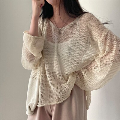 Karrram Lazy Style Full Sleeves Jumpers Tops Hollow Out Sexy