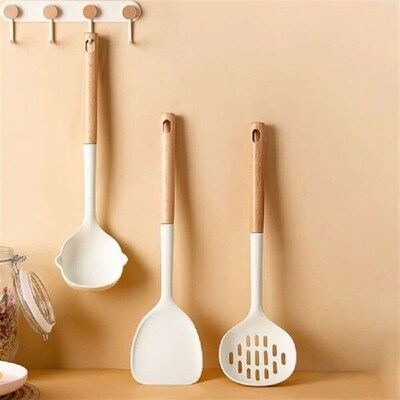 Silicone Cooking Spatula Set Wood Long Handle Heat