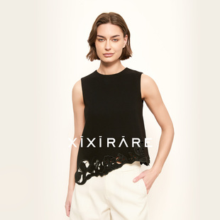 xixirare稀宥女装气质镂空刺绣无袖背心圆领不规则下摆上衣黑色