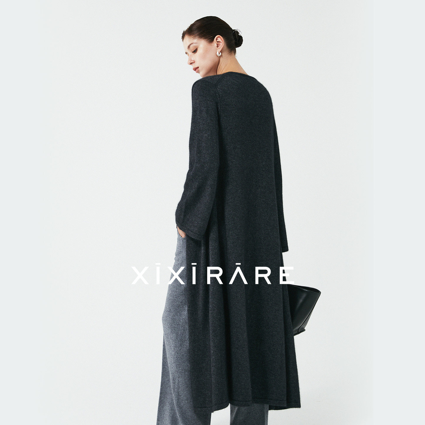 xixirare稀宥女装喇叭袖针织开衫长款慵懒气质外套居家休闲装黑灰