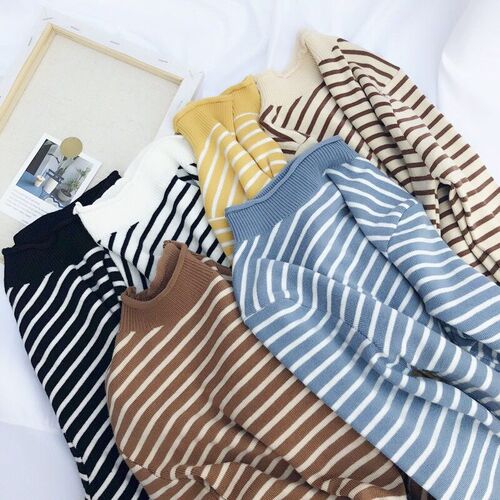 HELIAR Women Striped Mock Neck Sweaters Slim Elastic Long Sl