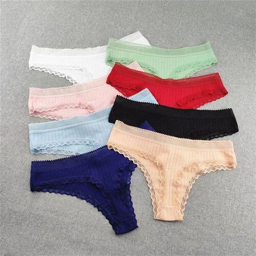 3pcs Ruffles Lace Low Waist Ribbed Cotton Thong Solid Color