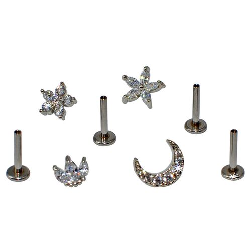 1PC G23 Titanium&Steel 16G CZ Gem Moon Labret Lip Bar Ring C