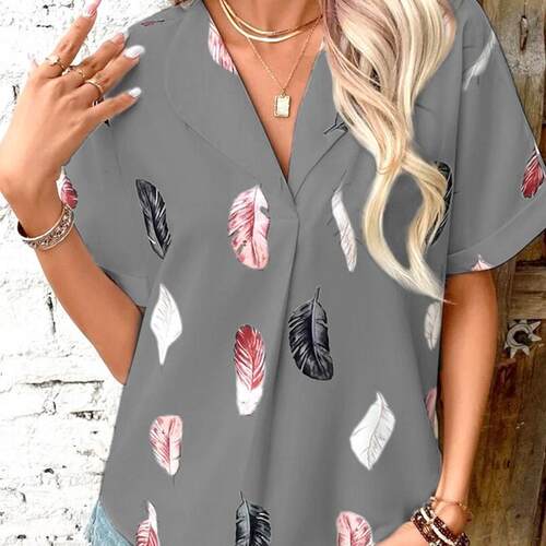 Summer New Womens Polo Neck Feather Print Short Sleeve Top