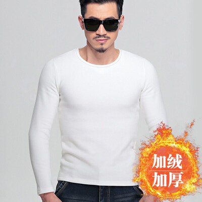 Mens Clothes Fleece Thick V-neck Slim-fit Long-sleeved T-sh