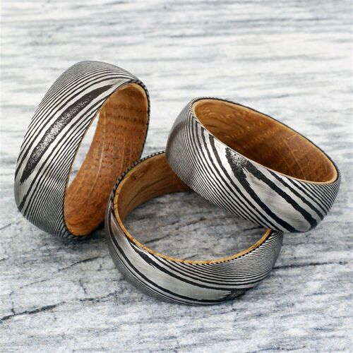 8mm Mens Black Tungsten Wedding Band with Damascus Steel Tex