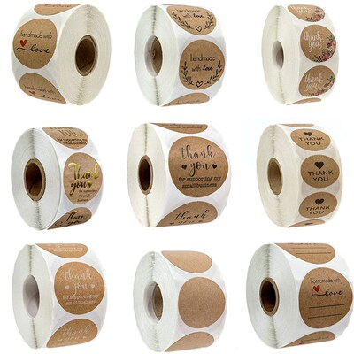 500Pcs Round Natural Kraft Handmade with Love Sticker Packag