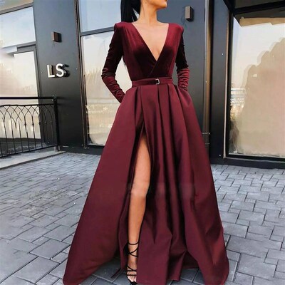 Womens Deep V Autumn Evening Dress Glossy Long Sleeve Waist
