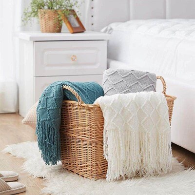 Inya Chunky Knit Blanket Beige Soft Tassel Plaid Weight Blan