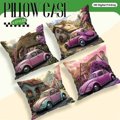 Retro Cars And Houses Pillowcase Printed Polyester 45x45cm