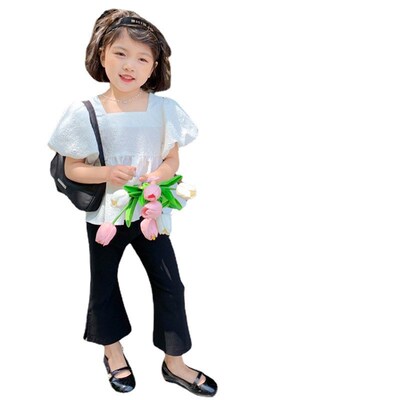 Girls Suit Sweet Square Collar Bubble Backless Top with Sid