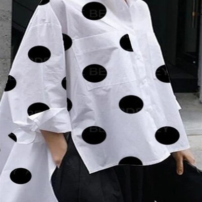 Fashion Polka-Dot Buttons Shirts Womens Side Split Lapel