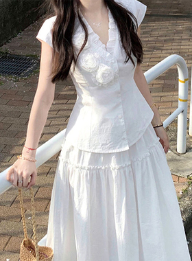 2025夏季新款高级感温柔风立体玫瑰花白色衬衫收腰上衣半裙两件套