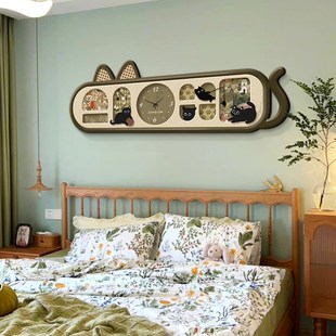 法式 饰画挂钟猫咪奶油风儿童房间床头挂画钟表高级感 中古风卧室装