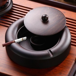 中式黑檀实木烟灰缸带盖大号创意个性潮流家用客厅防飞灰定制复古