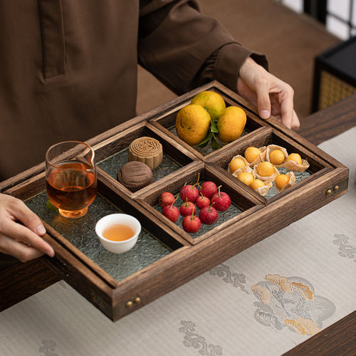 围炉煮茶茶点盘家用中式桐木玻璃托盘零食干果小吃托盘下午点心盘