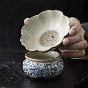 青花汝窑茶漏茶滤全陶瓷一体茶叶过滤网公道杯泡茶神器茶隔套装