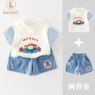 男童短袖套装夏季装新款宝宝T恤牛仔短裤洋气婴儿衣服分体两件套