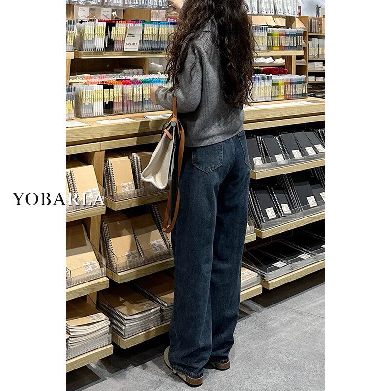复古蓝直筒牛仔裤女高腰春秋窄版大码胖mm宽松显瘦梨形身材阔腿裤