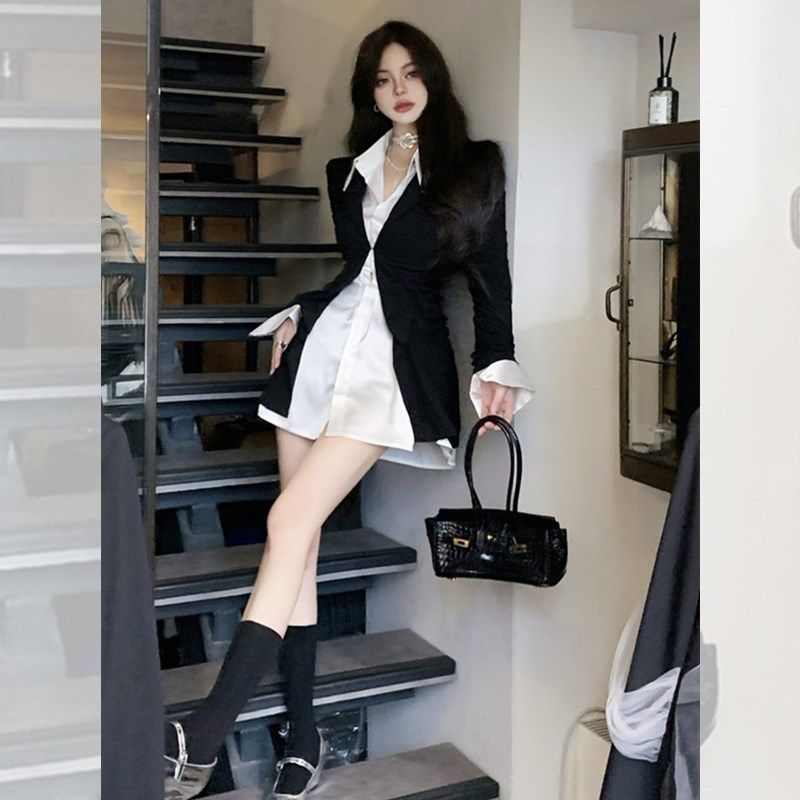 小个子收腰抽褶翻领西装连衣裙女秋季新款气质衬衫裙短裙子套装女