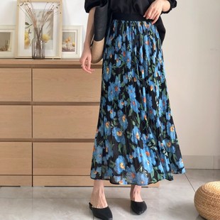 雪纺碎花半身裙长款女早秋夏季垂坠感高级感气质套装百褶a字长裙