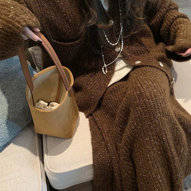 宽松针织套装女冬2024开衫毛衣松紧高腰毛线长裙套装阔腿裤两件套