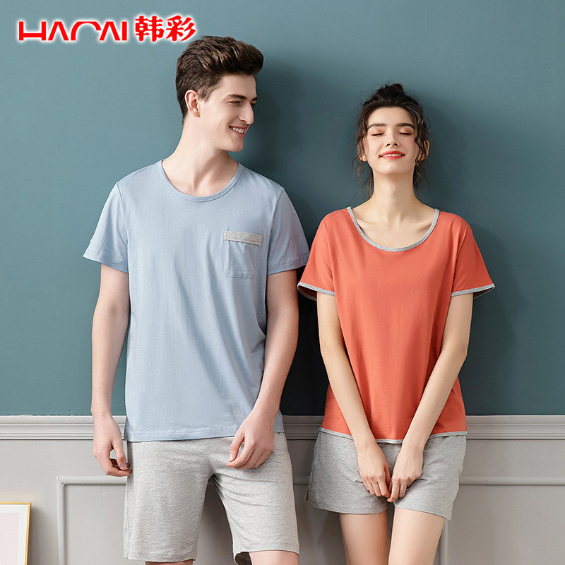 夏季情侣睡衣男士女士短袖短裤纯棉套装春夏款简约薄款夏天家居服