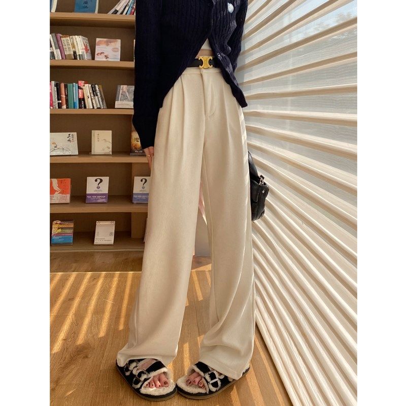 白色裤子女秋冬季2023新款加绒针织雪尼尔阔腿裤灯芯绒休闲西装裤