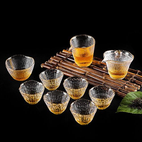 日式冰露金边茶具套装家用玻璃透明盖碗功夫茶杯子泡茶小套办公室