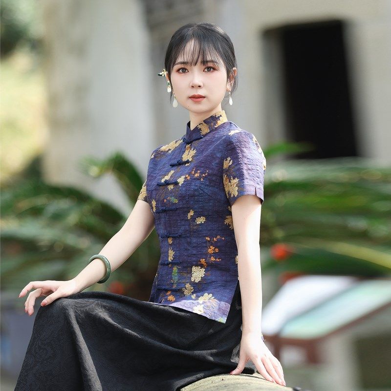 筠雅唐装女装中国风旗袍上衣夏季新款复古时尚收腰显瘦茶服24J116