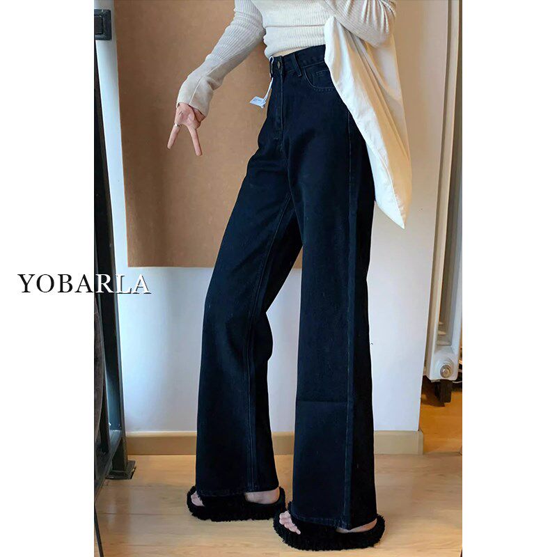 黑色阔腿牛仔裤女春秋大码胖mm宽松显瘦梨形身材高腰窄版直筒裤子