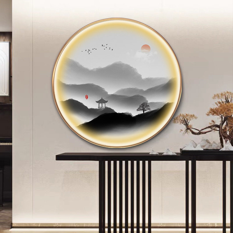 新中式挂画圆形玄关装饰画办公室靠山旺财山水客厅背景墙壁画带灯