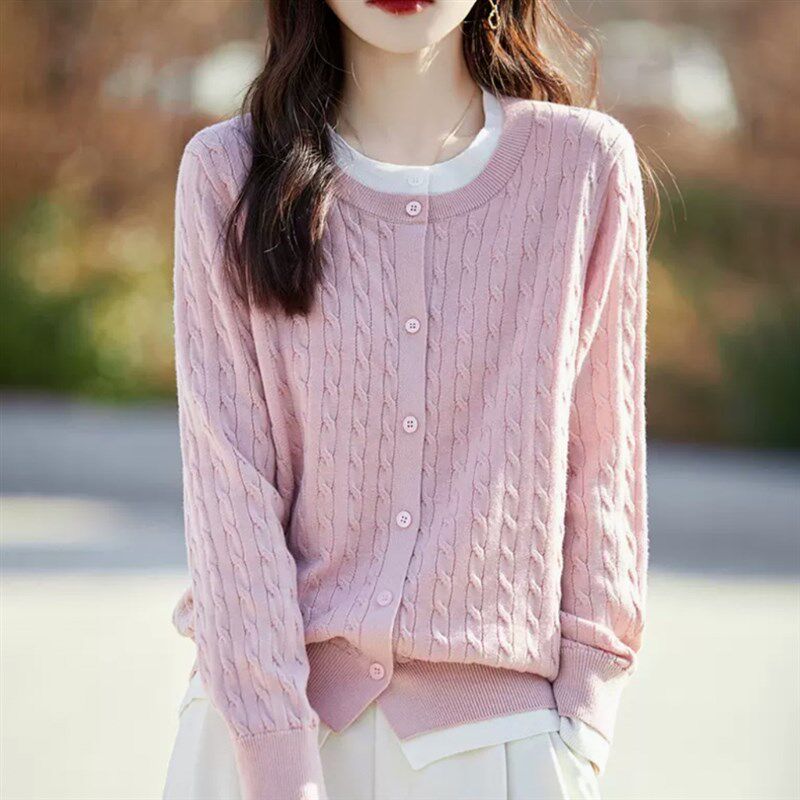 春秋圆领拼色假两件精纺羊毛开衫女宽松麻花毛衣外套百搭针织上衣