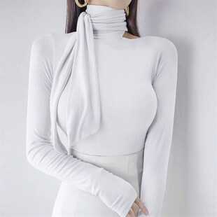 韩国女装2021早秋新款高领绑带围巾领性感显胸T恤长袖打底衫上衣