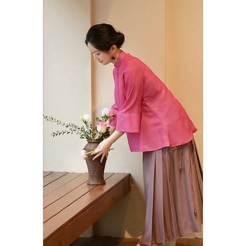 新中式国风禅意玫红色衬衫女2024春季新款今年流行超好看显白上衣