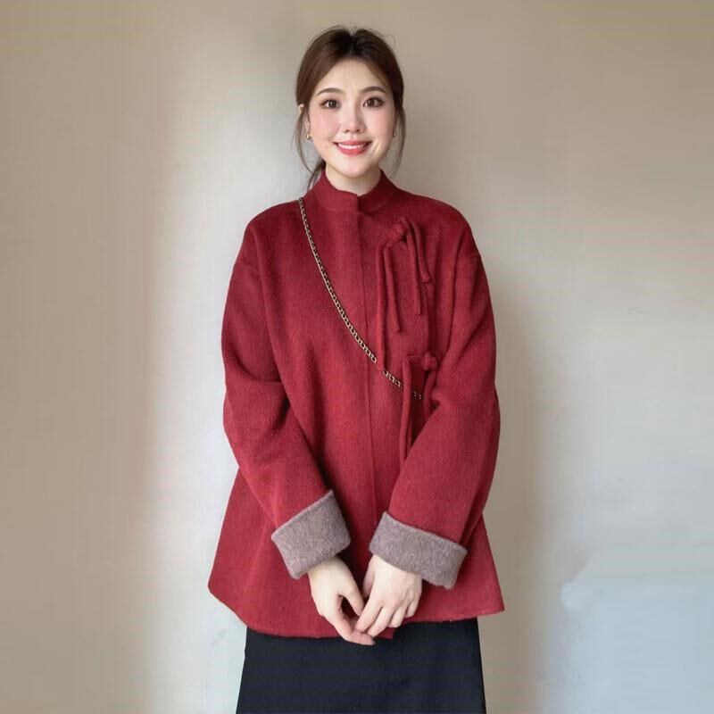 圣诞新年红色新中式毛呢外套女冬季新款本命年国风小个子呢子大衣
