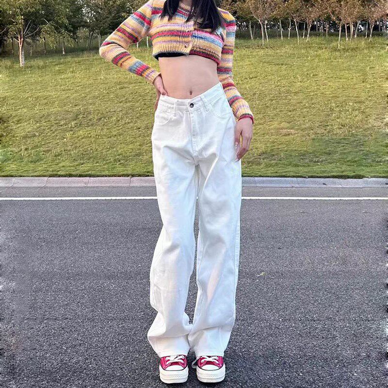 白色高腰阔腿牛仔裤女2025春季新款小个子宽松显瘦垂感窄版直筒裤