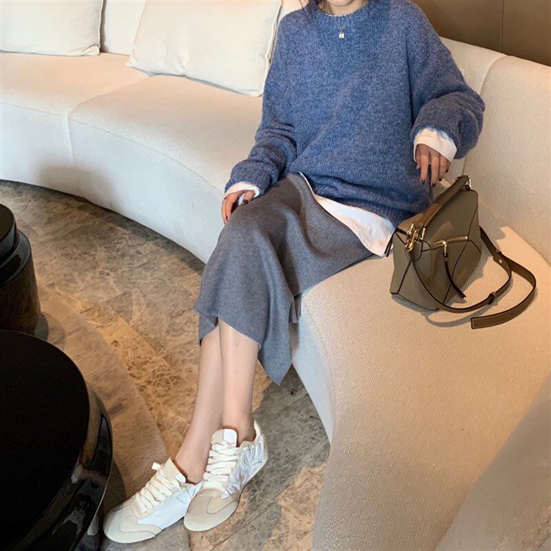 针织半身裙2021春秋冬季高腰中长款毛线裙开叉包臀一步裙黑色长裙