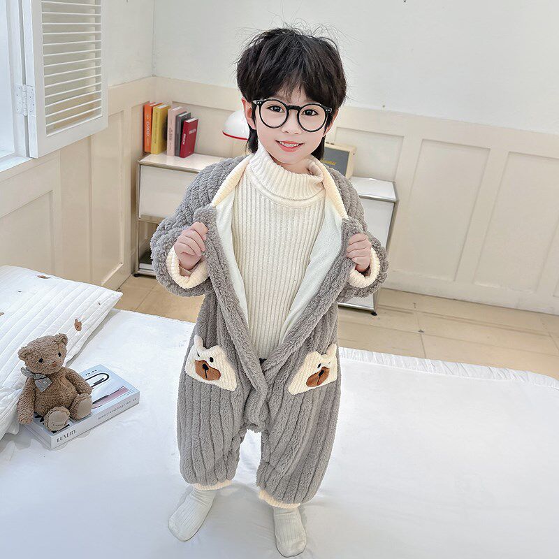 儿童法兰绒睡衣男童连体衣宝宝冬季防着凉小孩双层加厚珊瑚绒睡袋