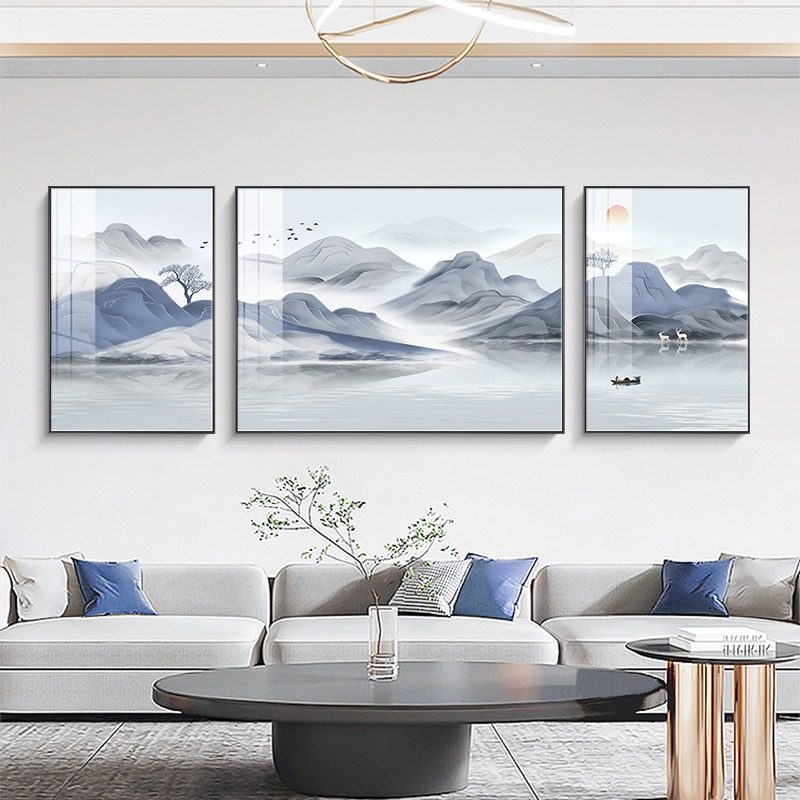 客厅山水大气高端装饰画三联画沙发后背景墙挂画家庭电视墙上壁画