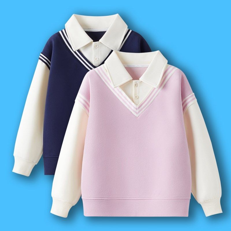女童卫衣春秋冬中大童学院风长袖t恤条纹女孩加绒加厚打底衫外套