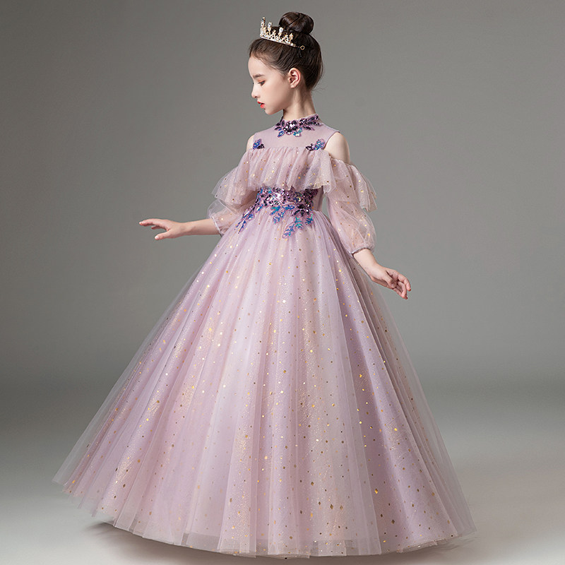 儿童礼服长袖女童生日花童公主裙走秀小女孩主持人钢琴演出服秋冬