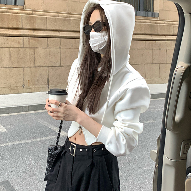 连帽白色拉炼卫衣女小个子2023新款小众修身休闲时尚秋冬短款外套