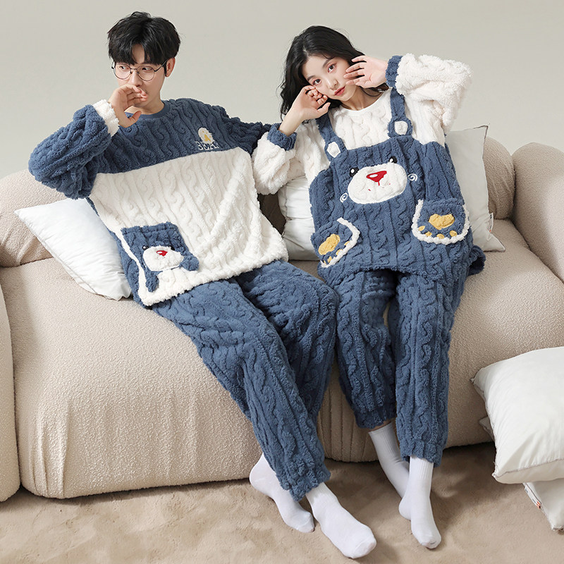 情侣睡衣长袖珊瑚绒秋冬款女士可爱卡通男士法兰绒舒适宽松家居服