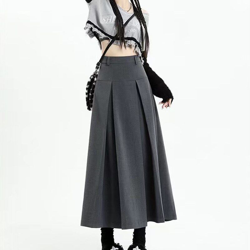 胖mm灰色高腰百褶半身裙长裙女大码设计感学院风西装中长款A字裙
